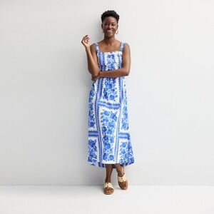Sonoma Dress Women PXL Blue White Floral Cotton Rayon Maxi Strap Cottagecore